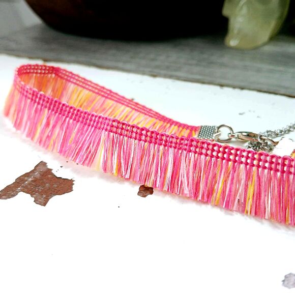 Pink Fringe Adjustable Choker Necklace, Cute Boho Chic - Picture 3 of 4
